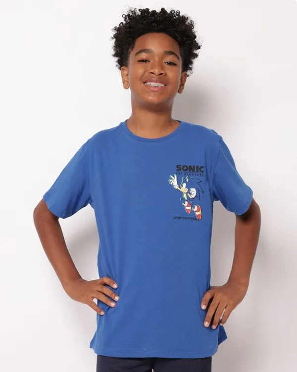 Camiseta Juvenil Algodão Sonic Manga Curta Azul 10