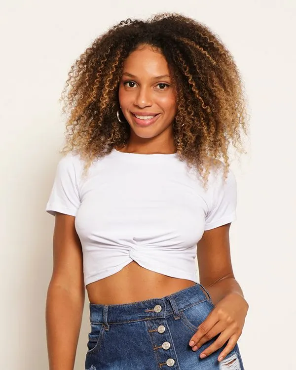 Blusa Feminina Cropped Manga Curta Com Recorte Branca P