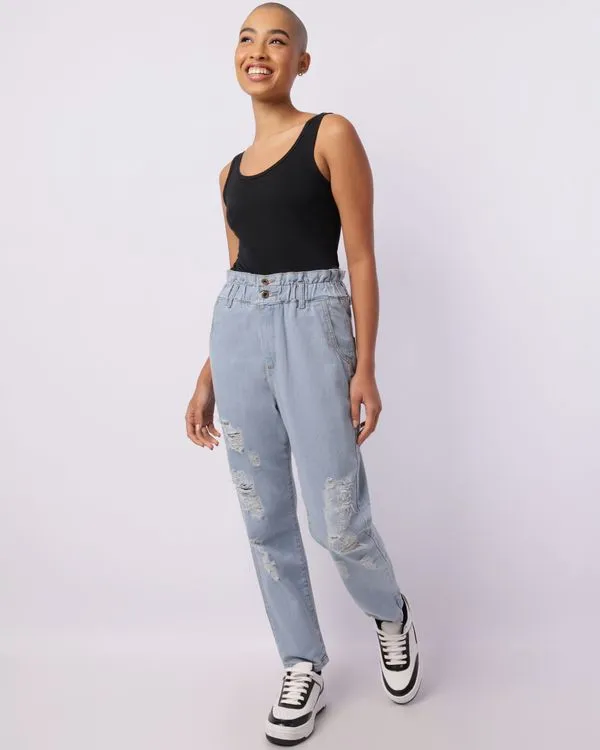 Calça Jeans Feminina Clochard Destroyed Azul Claro 44