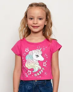 Blusa Infantil Cropped Estampa Unicórnio Com Paetê e Glitter Rosa 8
