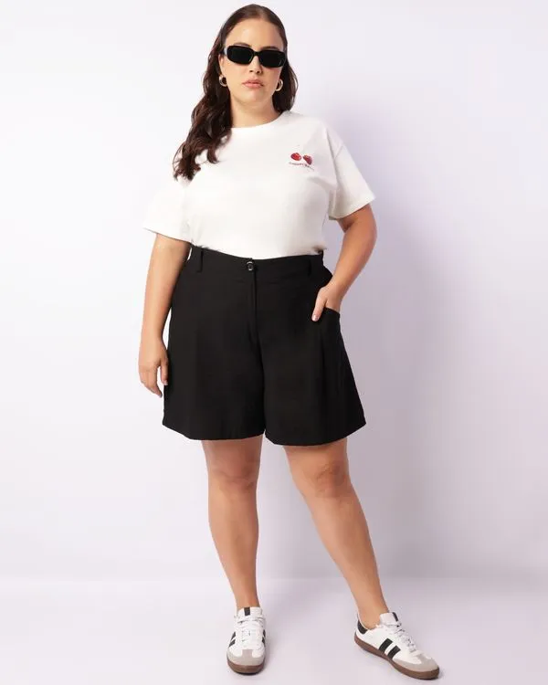 Short Plus Size Feminino Curto Poliviscose Com Bolsos Preto G2