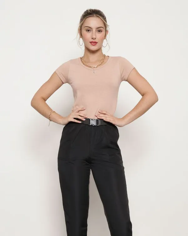 Blusa Feminina Básica Manga Curta Bege M