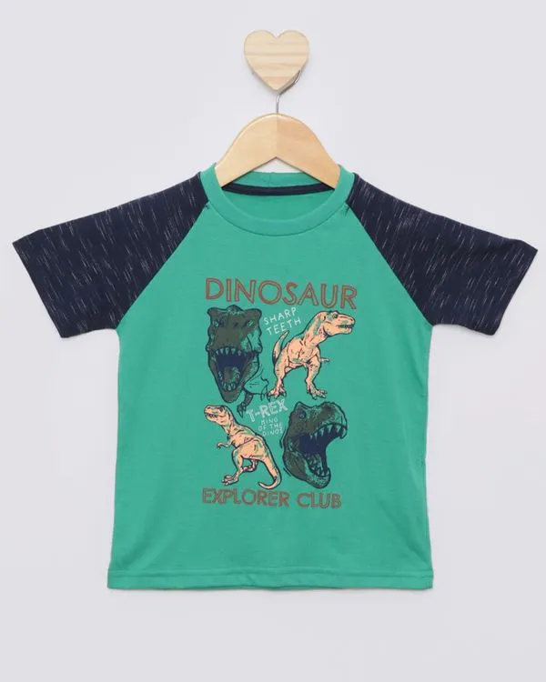 Camiseta Bebê Estampa Dinossauros Manga Raglan Verde 2