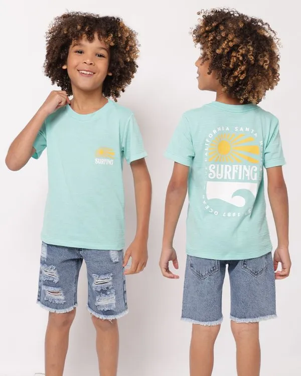Camiseta Infantil Texturizada Estampa Frente Costas Manga Curta Verde 6
