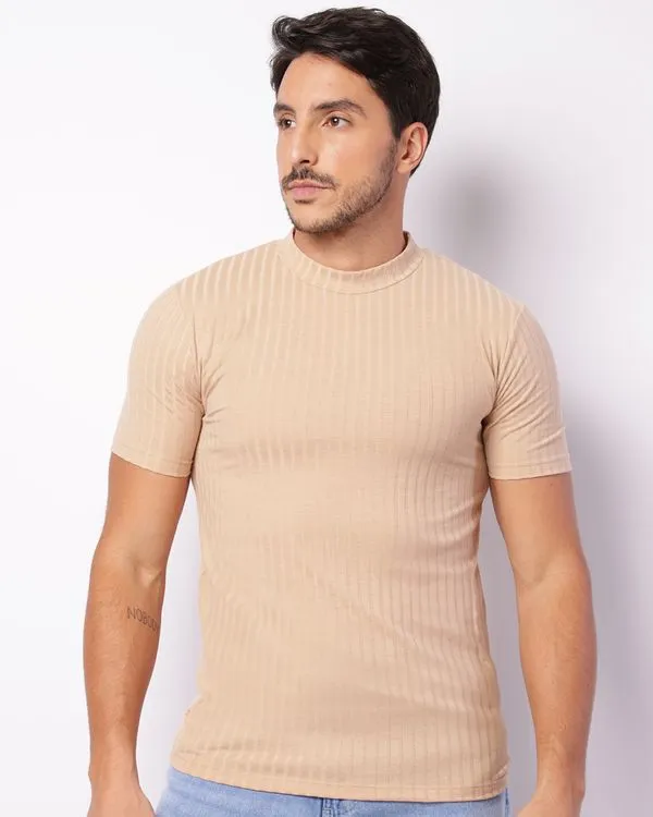 Camiseta Masculina Slim Texturizada Manga Curta Bege P