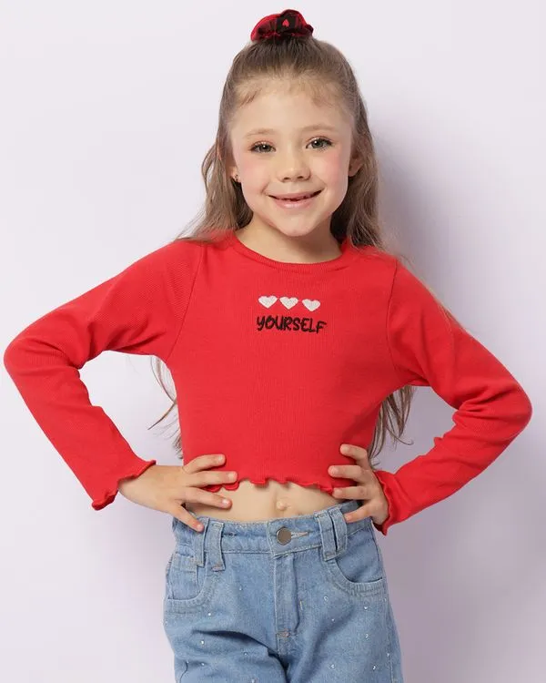 Blusa Infantil Cropped Bordado Frontal + Brinde Elástico De Cabelo Vermelha 6