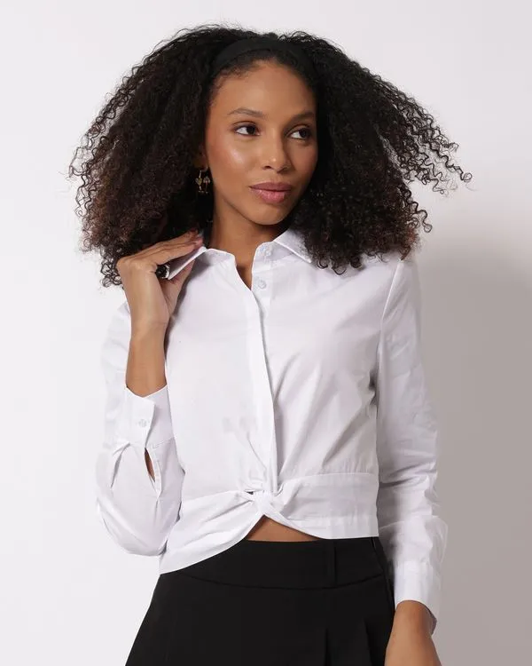 Camisa Feminina Cropped Tricoline Com Nó Algodão Branca M