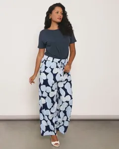 Calça Feminina Pantalona Viscose Estampada Azul M