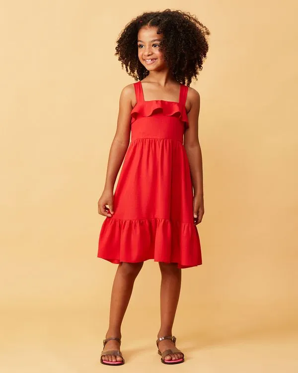 Vestido Infantil Curto Viscose Com Babados Vermelho 8