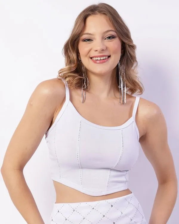 Regata Feminina Cropped Com Strass Branca GG