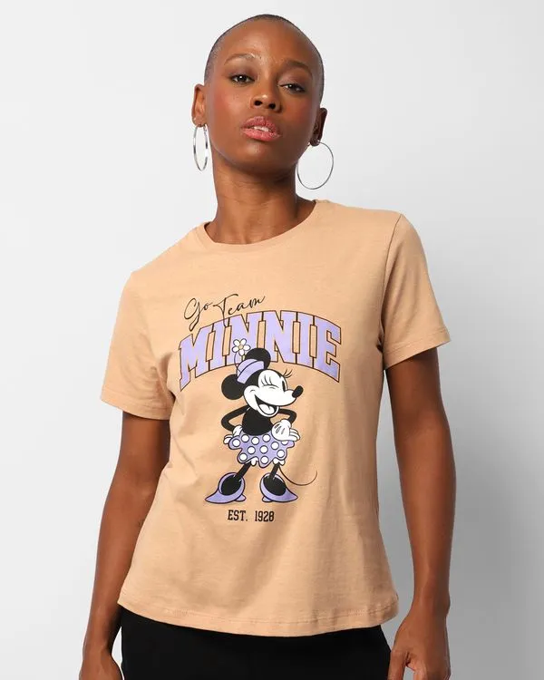 Camiseta Feminina Algodão Disney Minnie Manga Curta Bege M