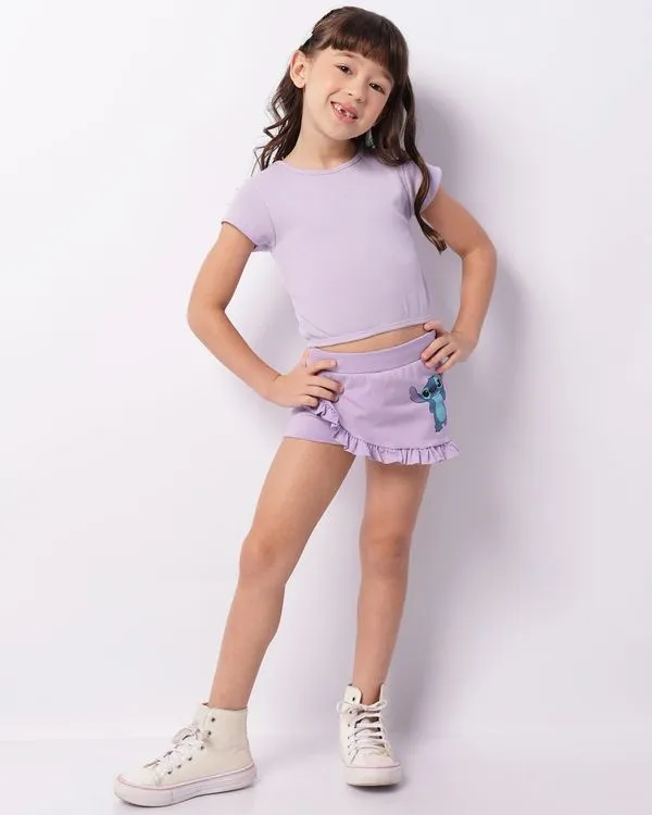 Short Saia Infantil Curto Disney Stitch Glitter Lilás 6