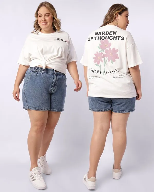 Camiseta Plus Size Feminina Algodão Estampa Frente Costas Off White G2