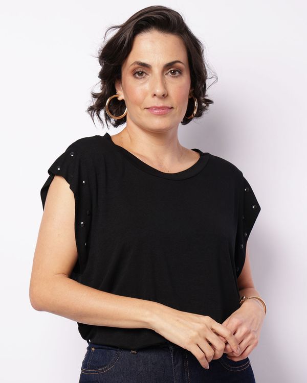 Blusa Feminina Manga Curta Botões Decorativos Preta GG