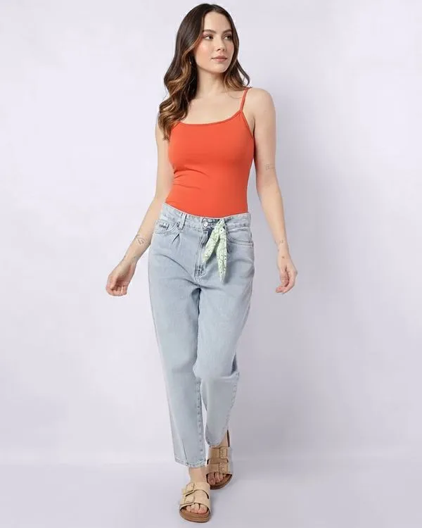 Calça Jeans Feminina Mom com Bolsos Lenço Azul 40