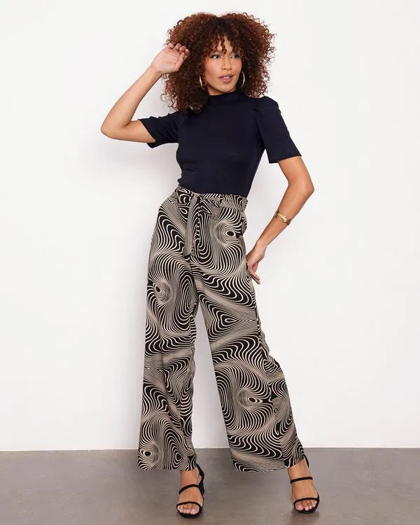 Calça Feminina Pantalona Estampada Viscose Preta G