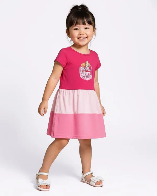 Vestido Bebê Curto Algodão Patrulha Canina Skye Rosa 2