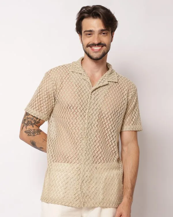 Camisa Masculina Tricô Vazado Manga Curta Bege G