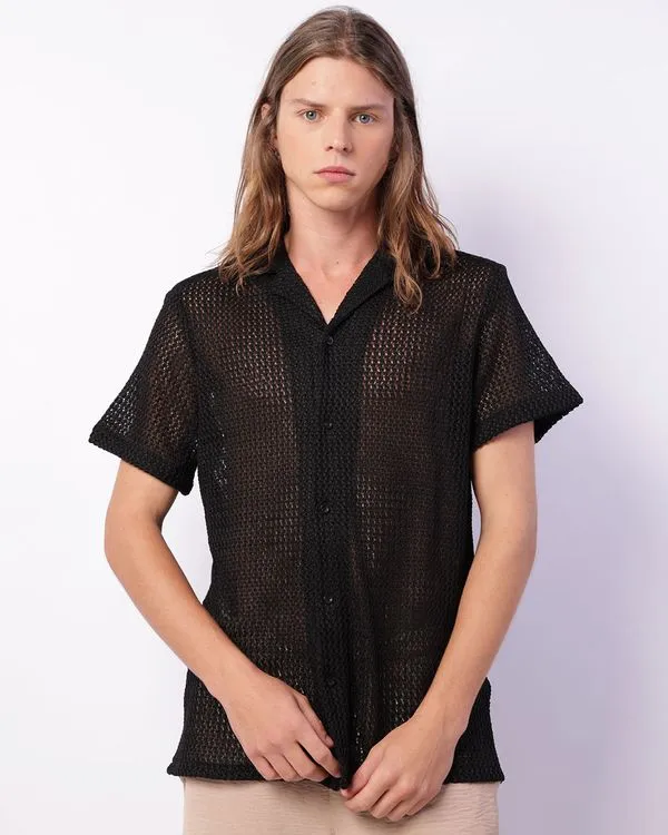Camisa Masculina Manga Curta Tricô Com Botões Preta P