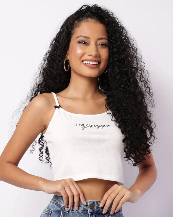 Regata Feminina Cropped Canelada Bordado Frontal Branca P