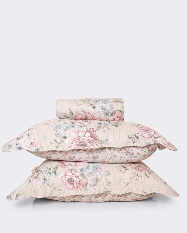 Kit Colcha Casal 3 Peças Plumagem Estampado Flores Rosa UN