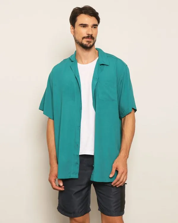 Camisa Masculina Over Size Gola Dobrável Manga Curta Verde 3