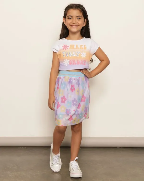 Saia Infantil Sobreposição Tule Estampada Flores Lilás 6