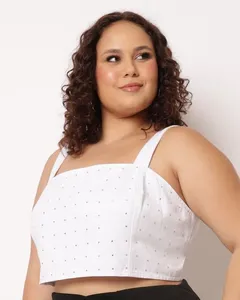 Blusa Cropped Plus Size Feminina Sarja com Strass Branco G3