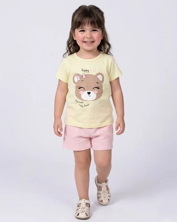 Blusa Bebê Algodão Estampa Ursinho Manga Curta Amarela 3