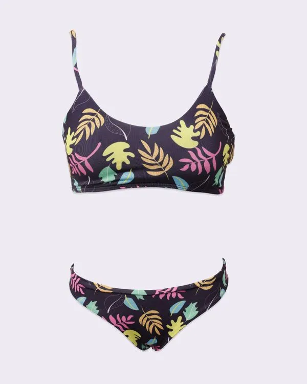 Conjunto Biquíni Juvenil Estampado Folhas com Proteção UV50+ Preto 14