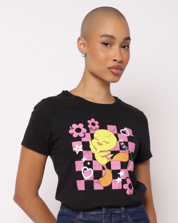 Camiseta Feminina Looney Tunes Piu Piu Algodão Preta GG