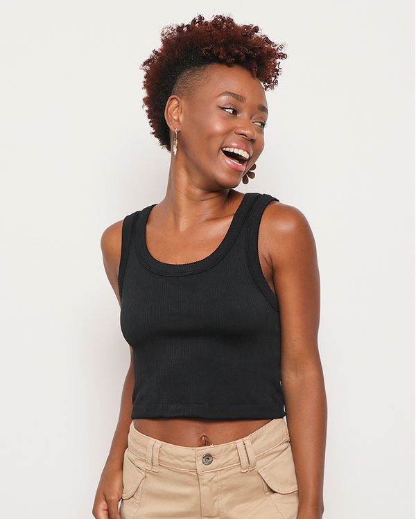Regata Feminina Cropped Canelada Sem Costura Preta P