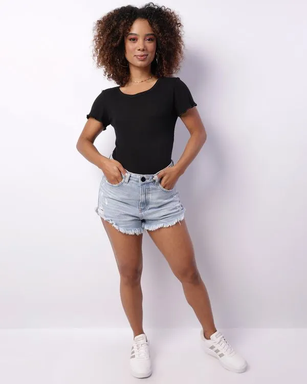 Short Jeans Feminino Curto Barra Desfiada Destroyed Azul 38