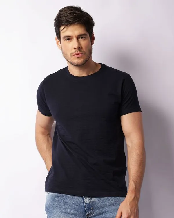 Camiseta Masculina Básica Mesclada Azul Marinho G