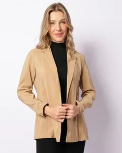 Blazer Feminino Berry & Co. Longo Viscose Decote Lapela Bege G