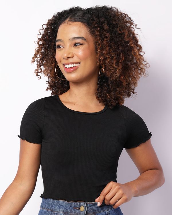 Blusa Feminina Cropped Sem Costura Frufru Preta P