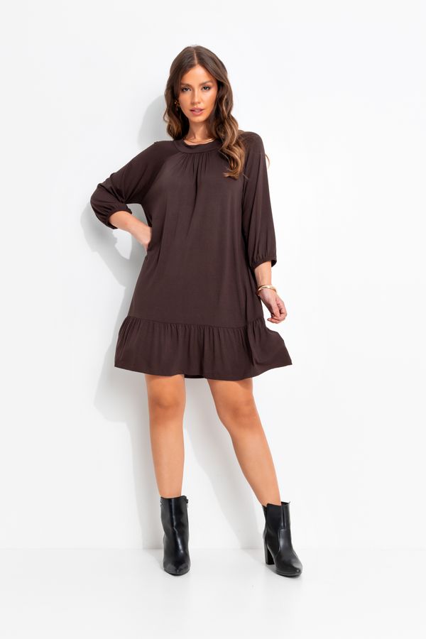 Vestido em Viscose com Babado Na Barra E Manga 3/4 Marrom XXG