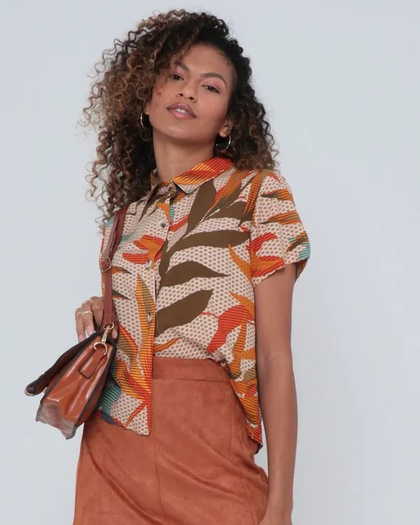 Camisa Feminina Estampada Floral Laranja M