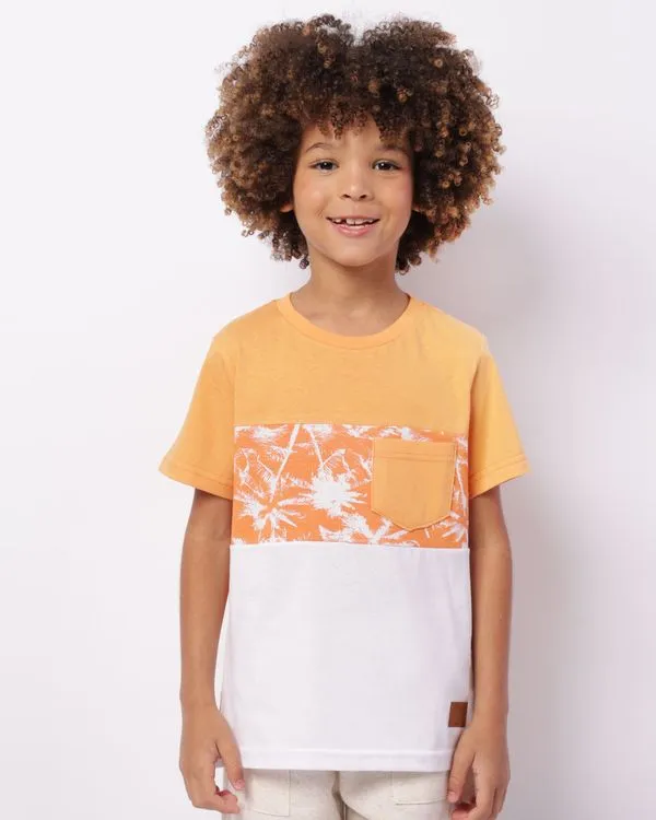 Camiseta Infantil Estampa Tropical Bolso Manga Curta Laranja 6
