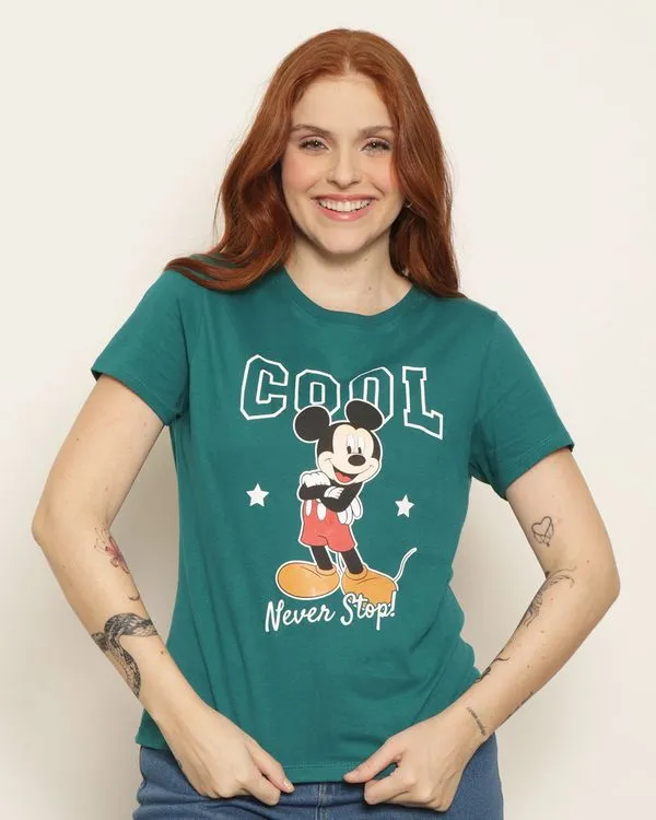 Camiseta Feminina Disney Mickey Manga Curta Verde G