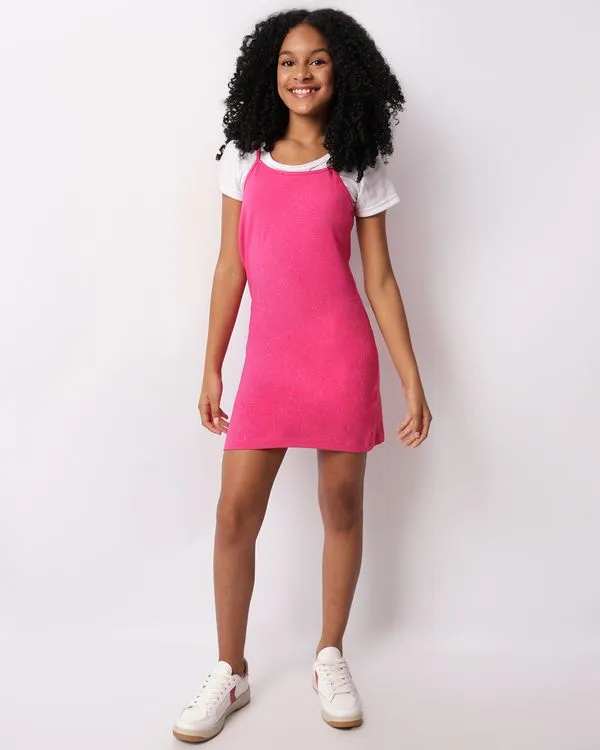 Vestido Juvenil Curto Com Glitter Rosa 12