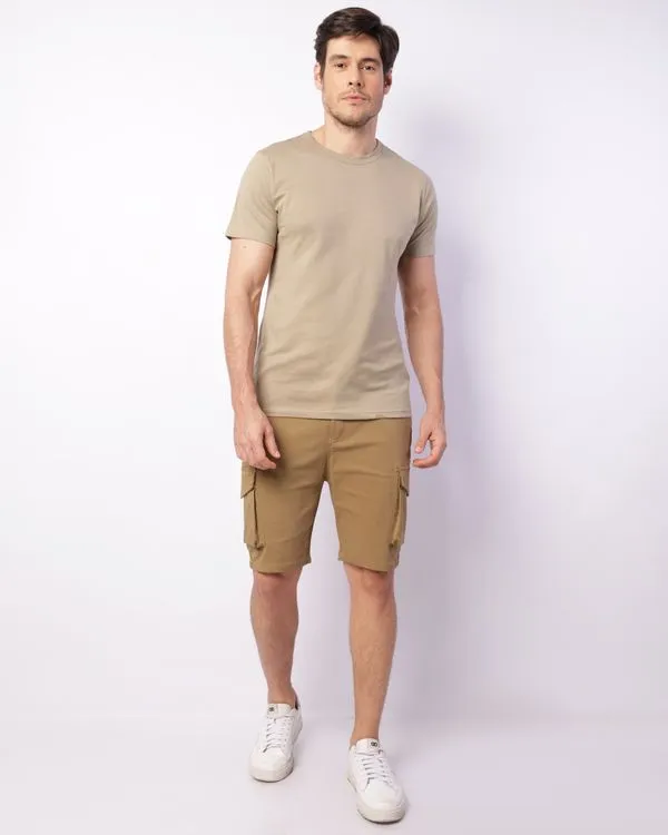 Bermuda Masculina Sarja Cargo Cordão Elástico Bege Escuro 44