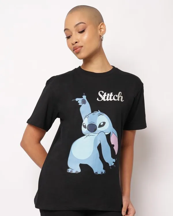 Camiseta Feminina Oversized Algodão Disney Stitch Manga Curta Preta M
