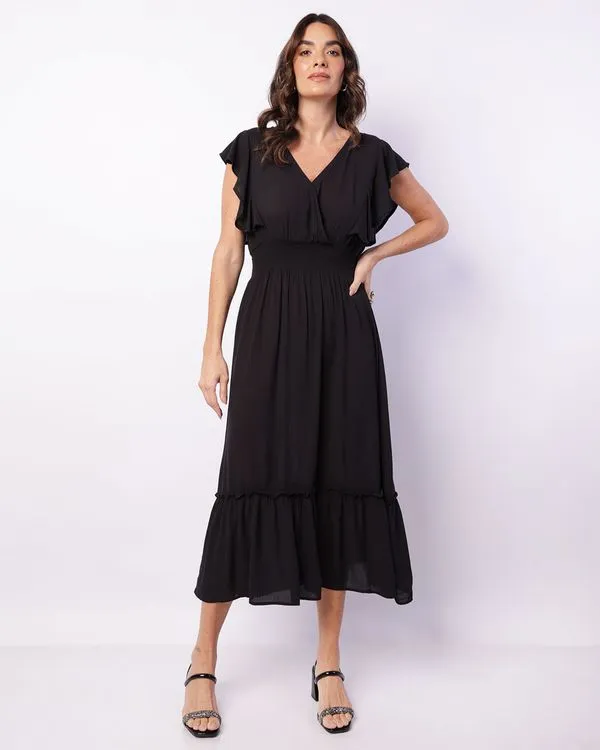 Vestido Feminino Viscose Midi Lastex Com Babado Preto P