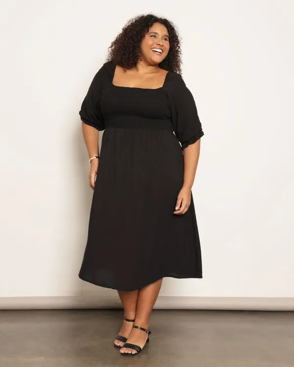 Vestido Plus Size Feminino Midi Manga Bufante Com Lastex Preto G1