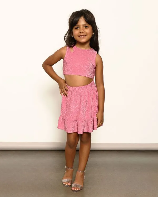 Saia Infantil Curta Lurex com Babados Rosa Escuro 6