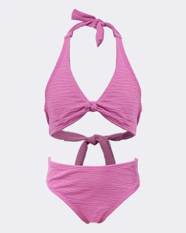 Conjunto Biquíni Infantil com Amarração Texturizado + Proteção UV Rosa 8