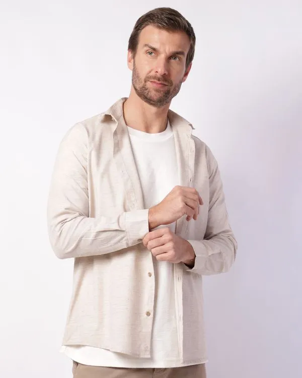 Camisa Masculina com Botões Manga Longa Bege M