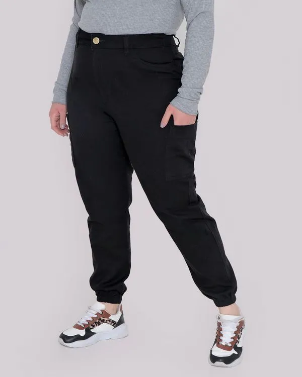 Calça Sarja Feminina Plus Size Jogger Preta 48