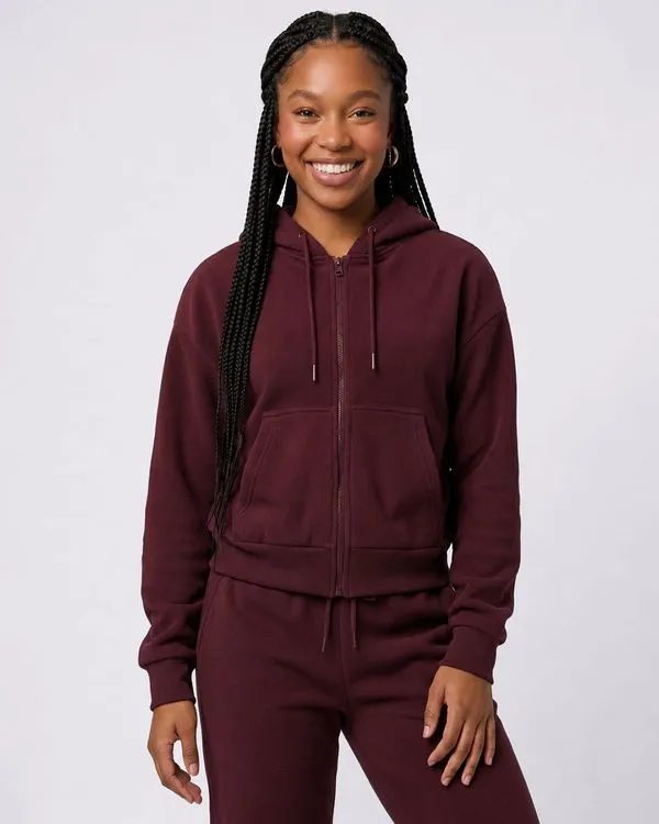 Jaqueta Feminina Básica Fleece com Capuz Bolso Vinho P